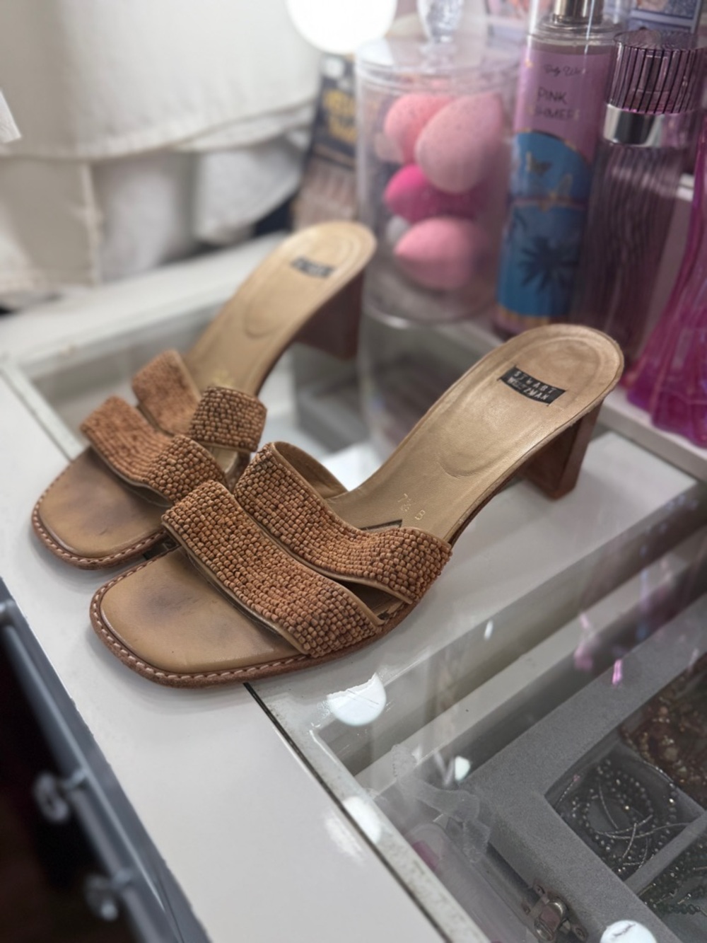 Stuart Weitzman Tan Beaded Slide Heels